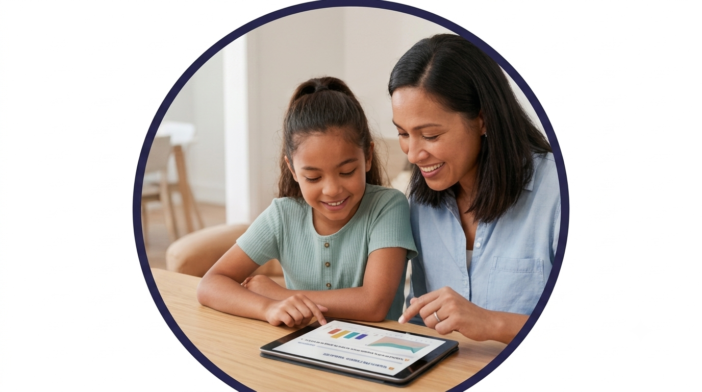 A mother and daughter studying together with a tablet